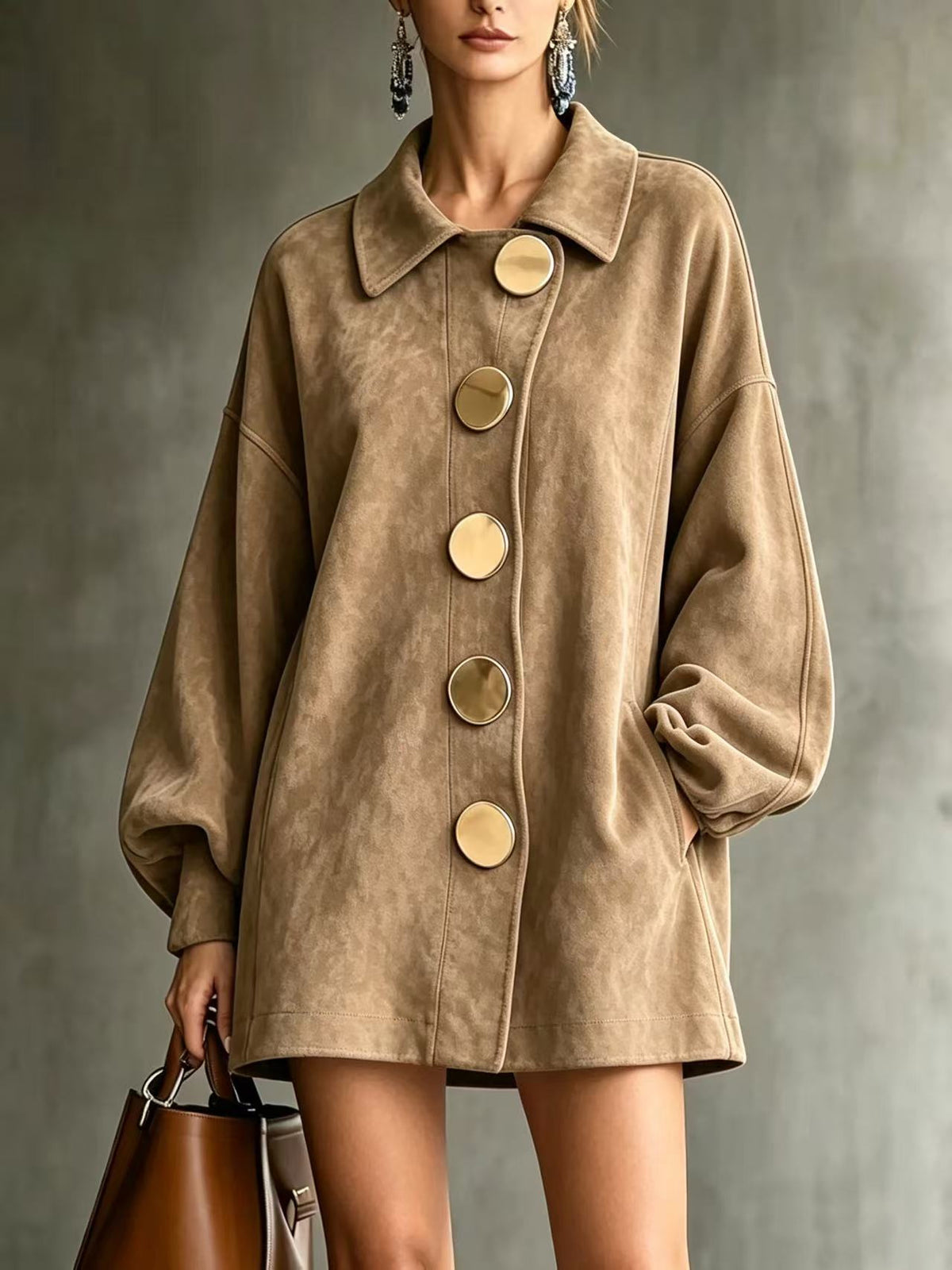 margot oversized faux suede jacket dress in khaki - front view