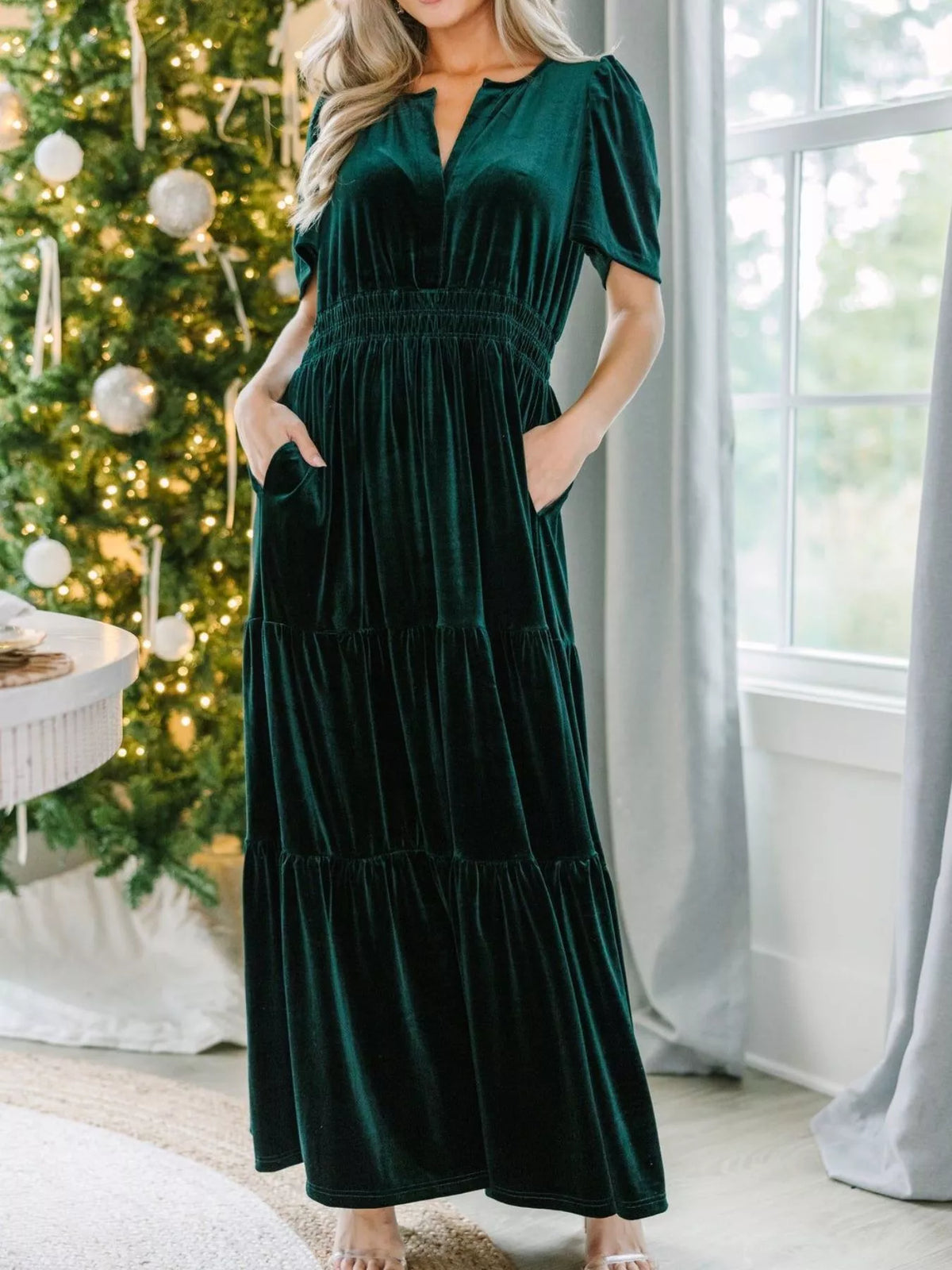 Velvet Tiered Short Sleeve Maxi Dress