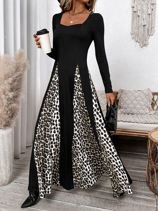 Perfee Leopard Square Neck Long Sleeve Maxi Dress Trendsi