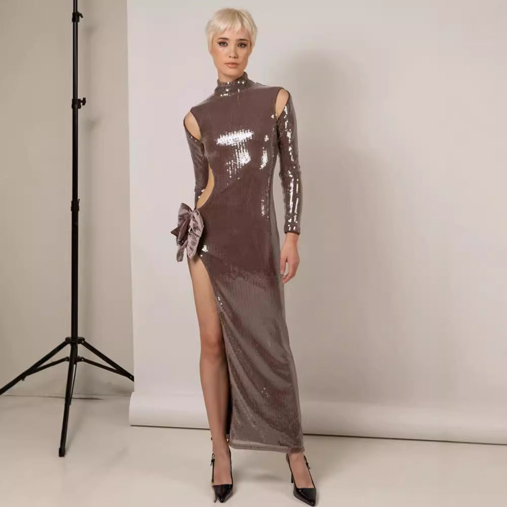 Slim-fit Sequined Turtleneck Long Dress aclosy