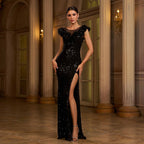 Allure sequin Backless Black slit Maxi Dress