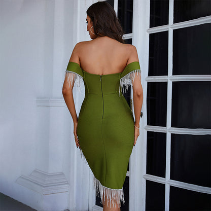 Women's Studded Fringed One-shoulder Dress aclosy