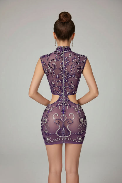 Purple Slim-fit Diamond Skinny Hollow-out Dress aclosy
