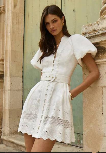 V-neck Puff Sleeve Single Breasted Belt Waist Trimming Short Dress Women aclosy