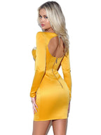 V-Neck Slim Fit Satin Gold Short Skirt aclosy