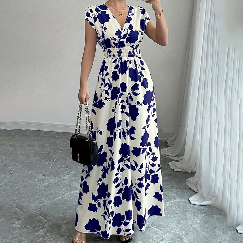 Women's Wrap V Neck Short Sleeve Empire Elastic Waist Summer Casual Elegant Maxi Long Dresses Aclosy