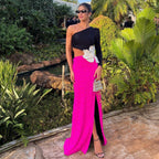 Long Sleeve Rose Red Color Matching Beaded Flower One-shoulder Dress Aclosy