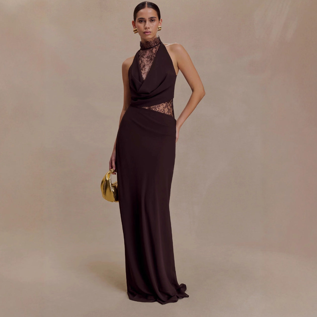 SAVANNAH TERRACOTTA HALTER LACE BODYCON MAXI DRESS – Aclosy