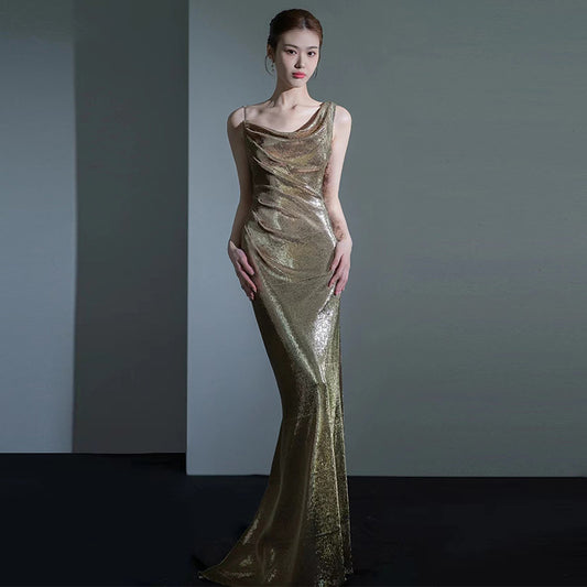 Fishtail Evening Dress For Women Elegant Sequins Annual Meeting Sexy Backless aclosy