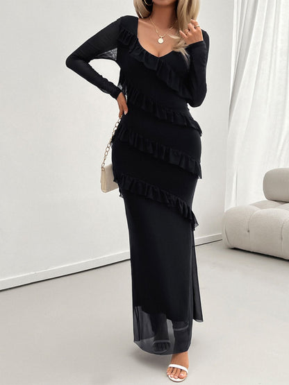 Devine Ruffled Surplice Long Sleeve Maxi Dress Trendsi