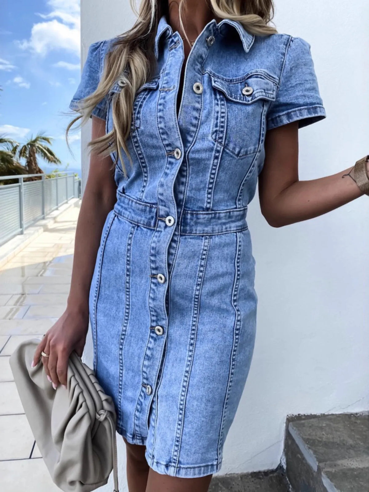Button Front Short Sleeve Denim Dress