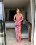 Women's Off-shoulder Slimming Sequins Backless Bow Split Tight Long Dress aclosy