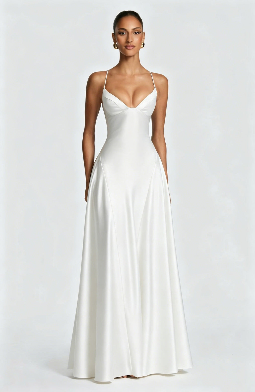 Alana Satin Cinched-Waist Maxi Evening Gown-White Aclosy