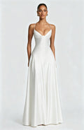 Alana Satin Cinched-Waist Maxi Evening Gown-White Aclosy