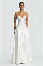 Alana Satin Cinched-Waist Maxi Evening Gown-White Aclosy