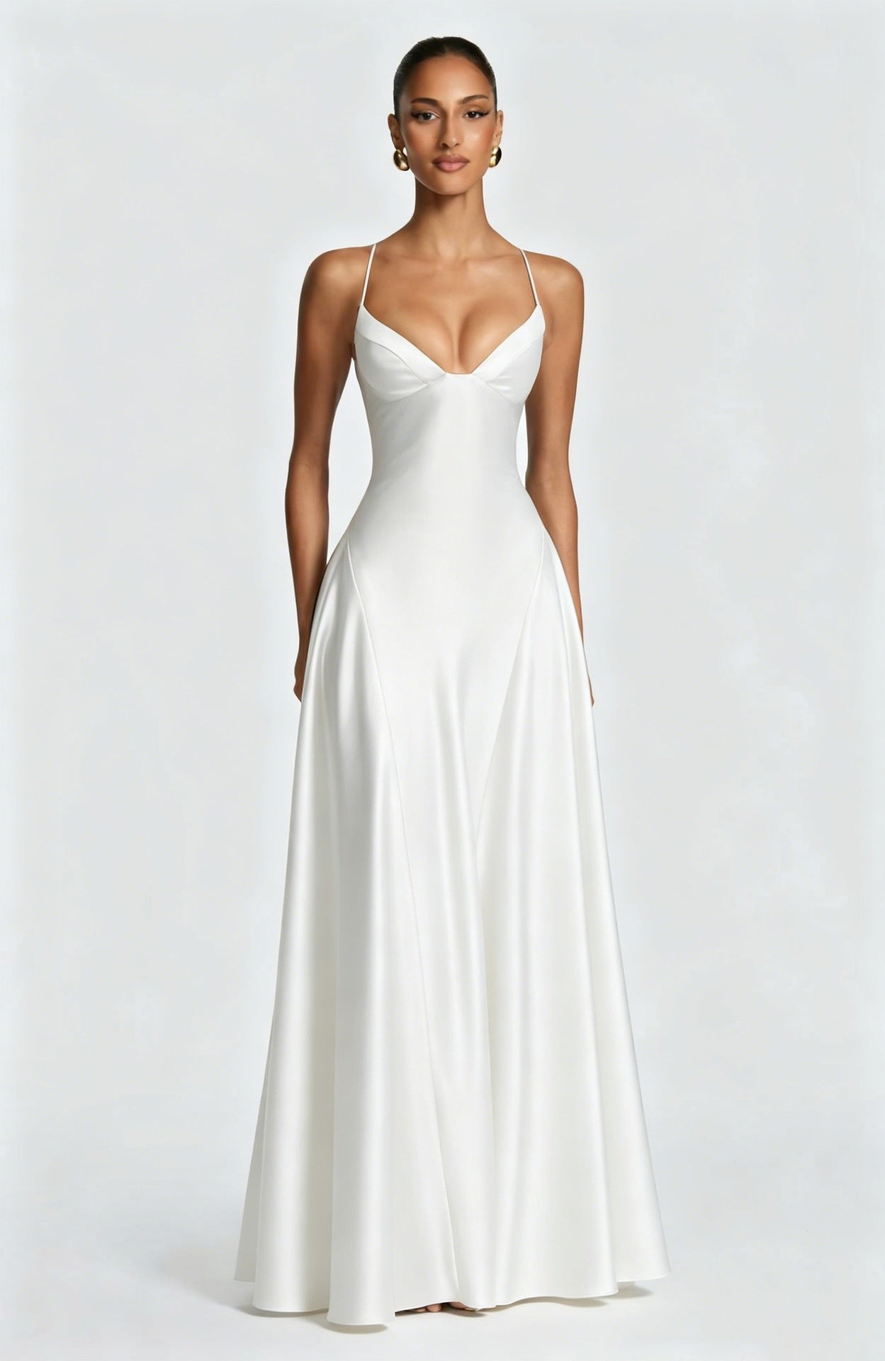 Alana Satin Cinched-Waist Maxi Evening Gown-White Aclosy