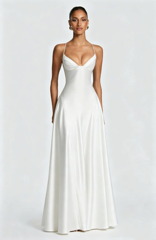 Alana Satin Cinched-Waist Maxi Evening Gown-White Aclosy
