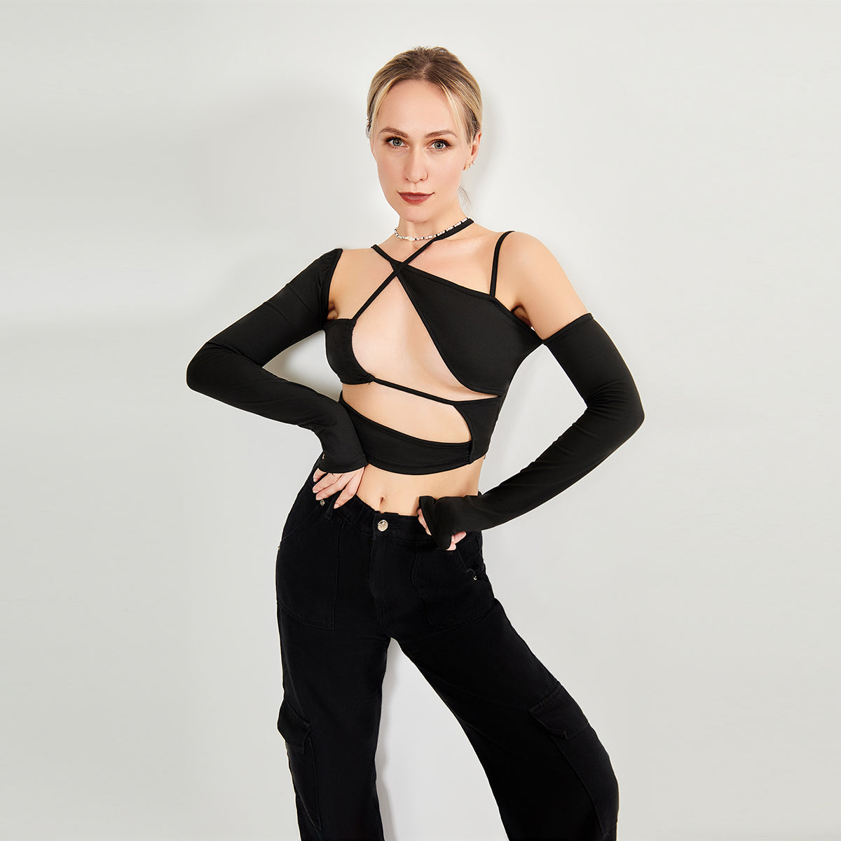 Long Sleeve Top Cut Out Asymmetrical Neck aclosy