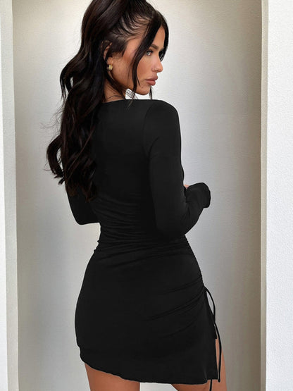 Side Drawstring Round Neck Long Sleeve Dress Trendsi