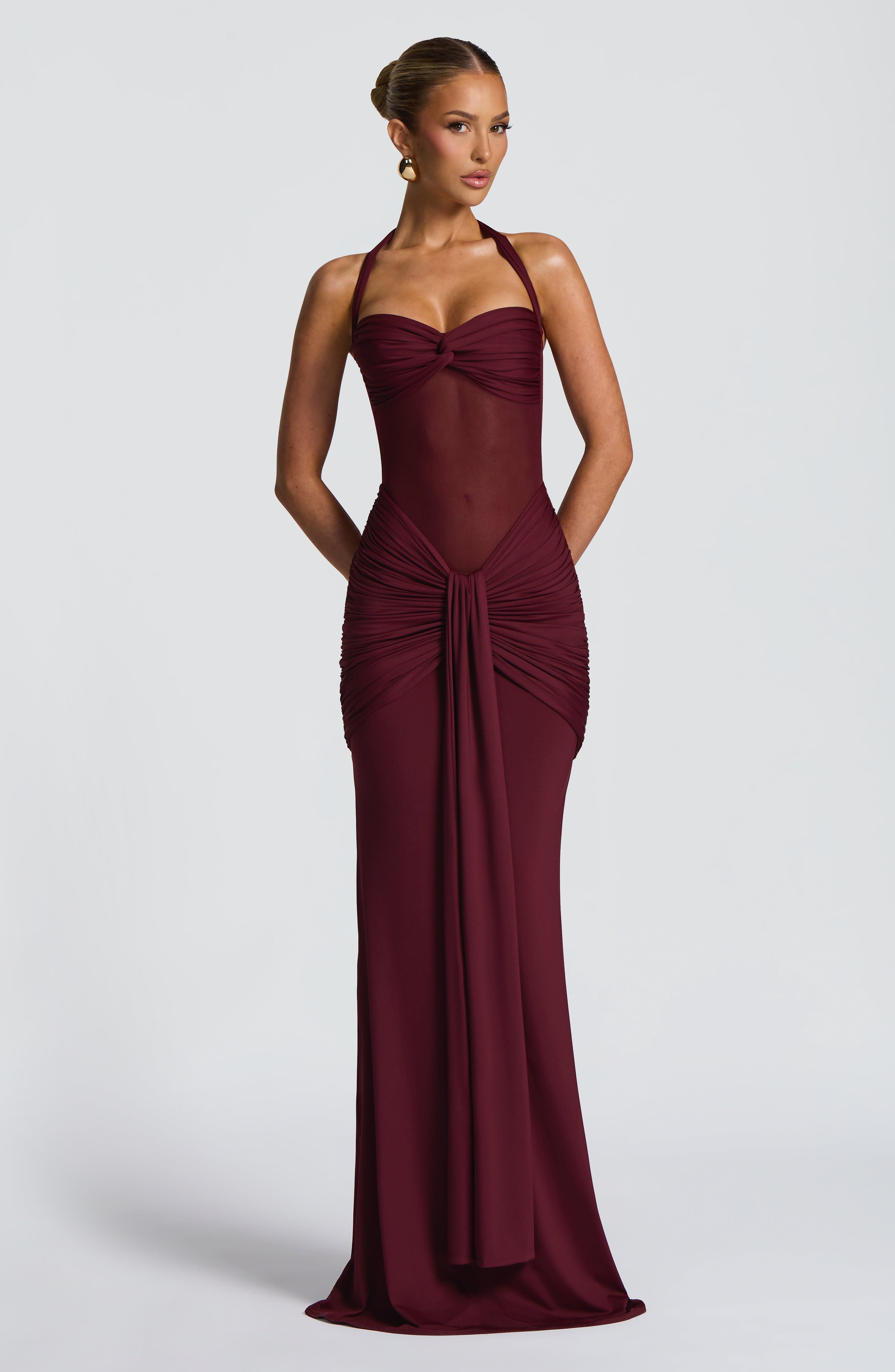 Halter Neck Backless Ruched Maxi Dress