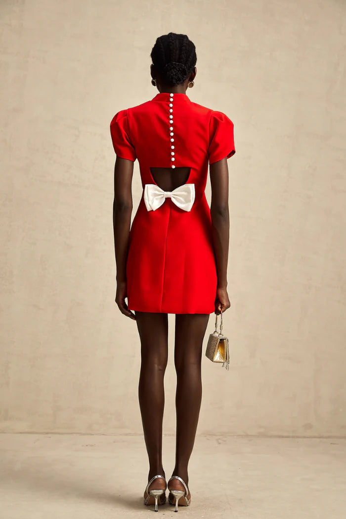 half red half white dress Half Turtleneck White Bow Dress – Aclosy