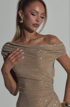 Celeste Shimmer Draped Off-Shoulder Maxi Gown