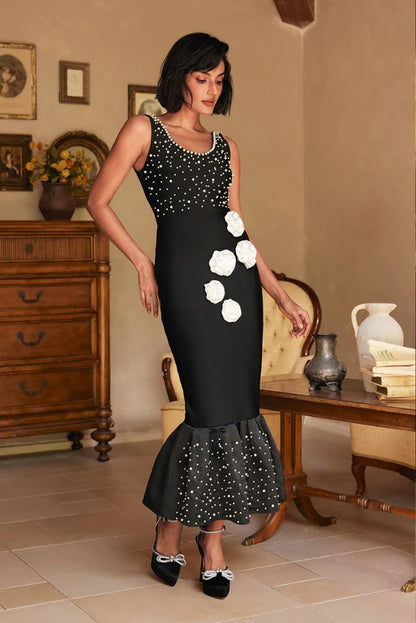 Alyia Beaded Flower Black Dress