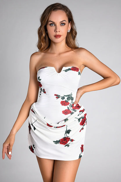 Chic Strapless Rose Mini Party Dress