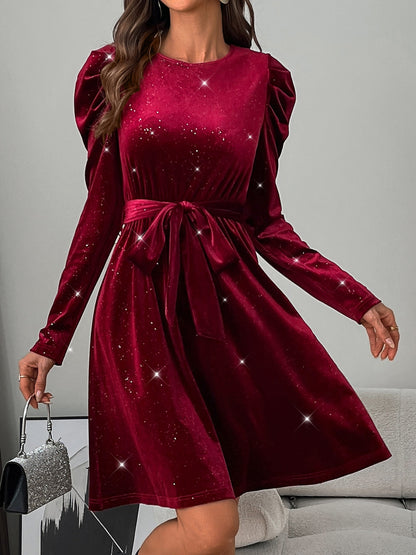 Glitter Round Neck Puff Sleeve Dress Trendsi