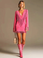 Dakota Fringe Suede V-Neck Long Sleeve Mini Dress