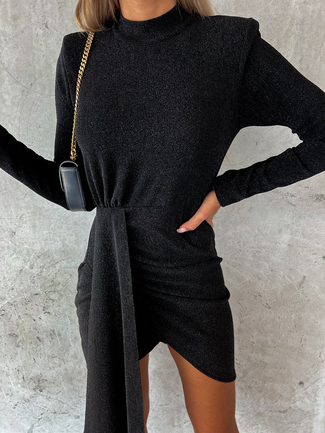 Heathered Mock Neck Long Sleeve Mini Dress Trendsi