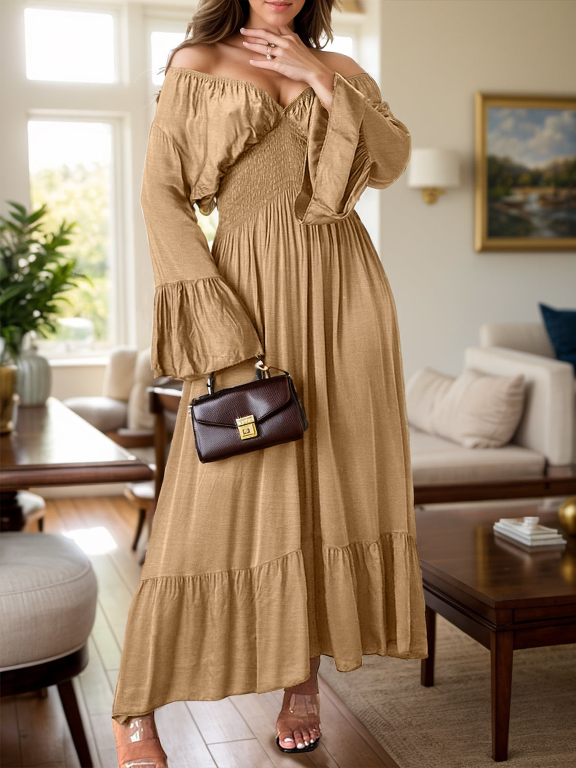 Smocked Flounce Sleeve Maxi Dress Trendsi