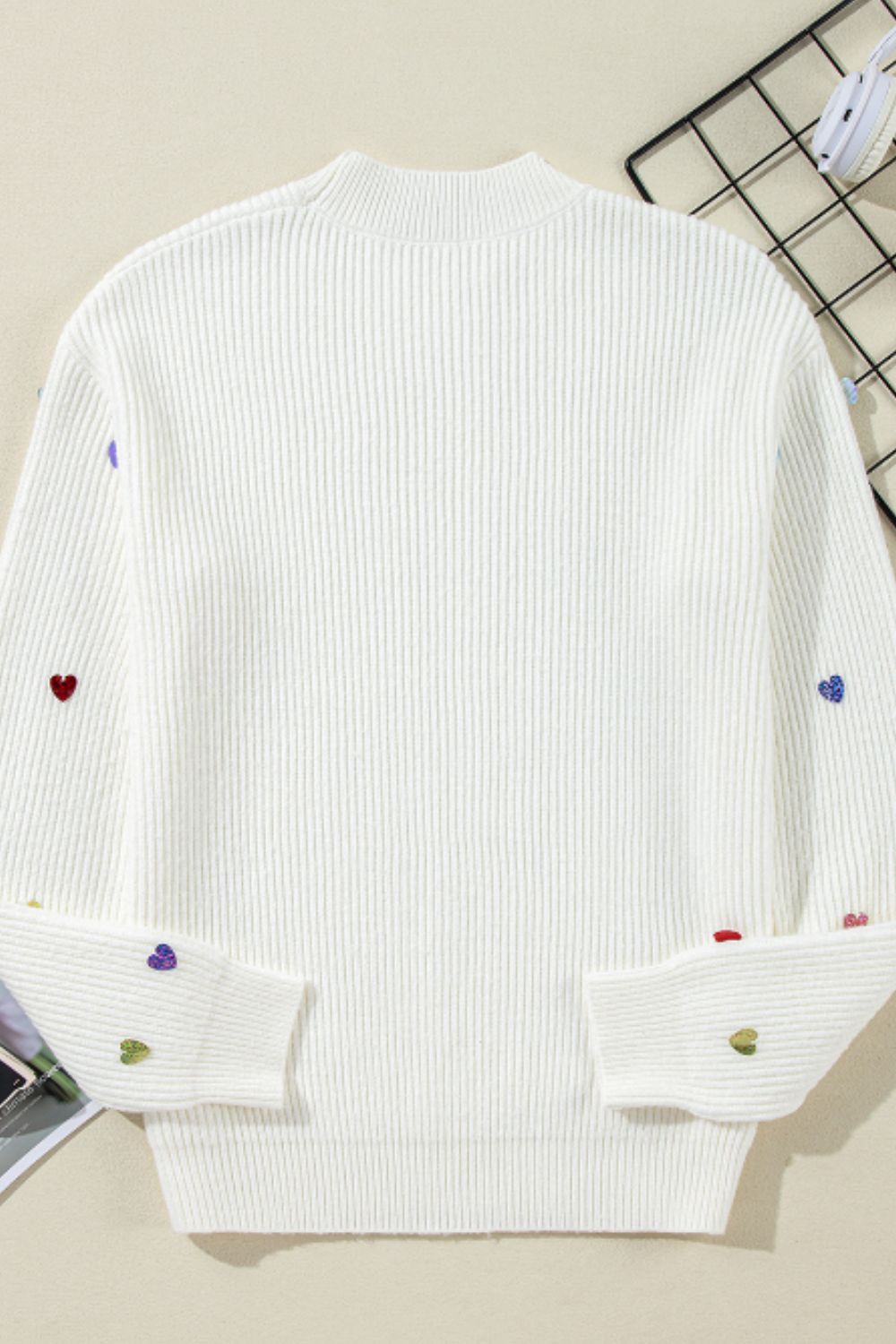 Heart Sequin Round Neck Long Sleeve Sweater Trendsi