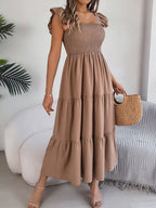 Smocked Square Neck Cap Sleeve Midi Dress Trendsi
