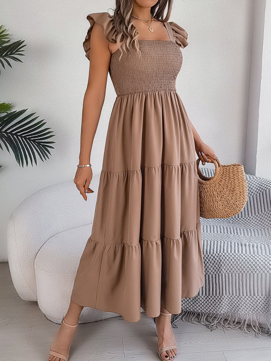 Smocked Square Neck Cap Sleeve Midi Dress Trendsi