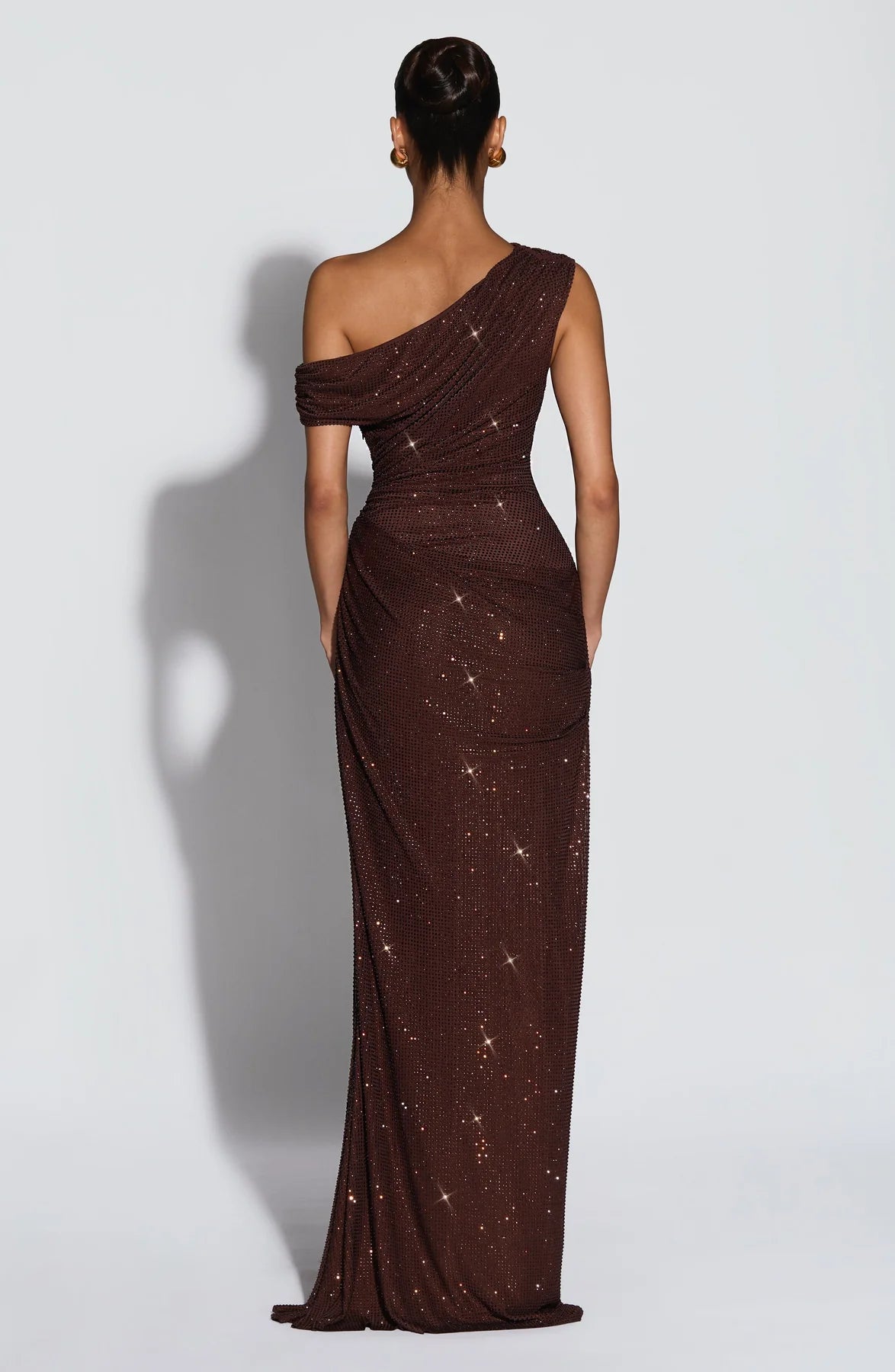 Celeste Shimmer Draped Off-Shoulder Maxi Gown