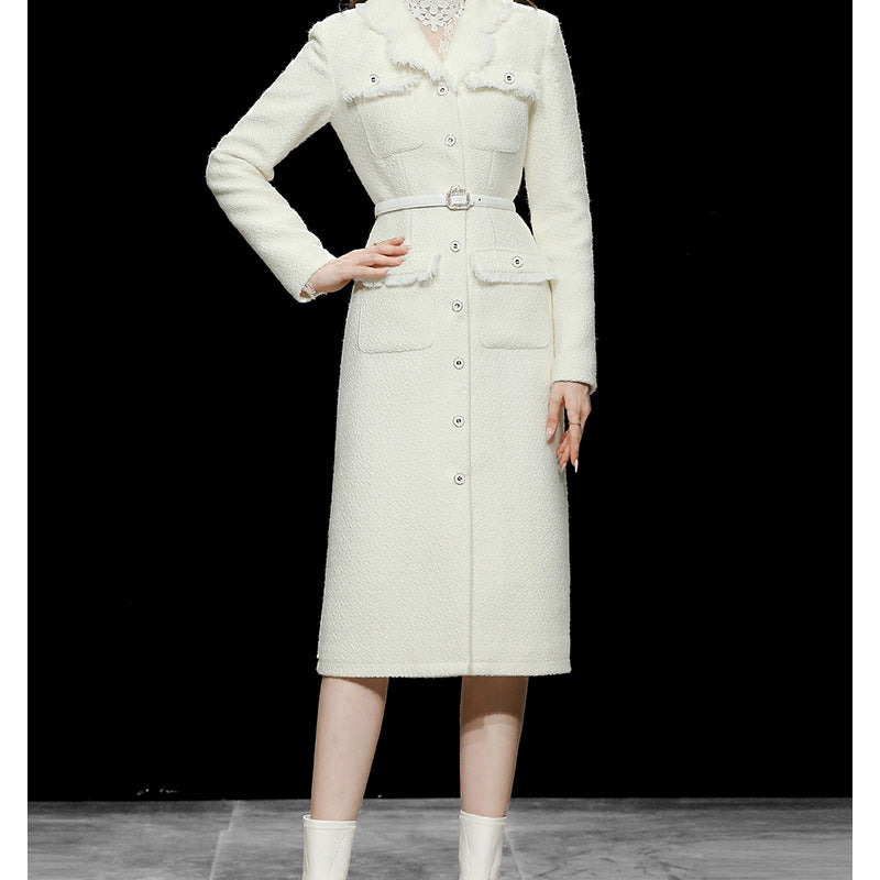 Women's Slim-fit Tweed With Waist Waist Mid-length Woolen Coat aclosy