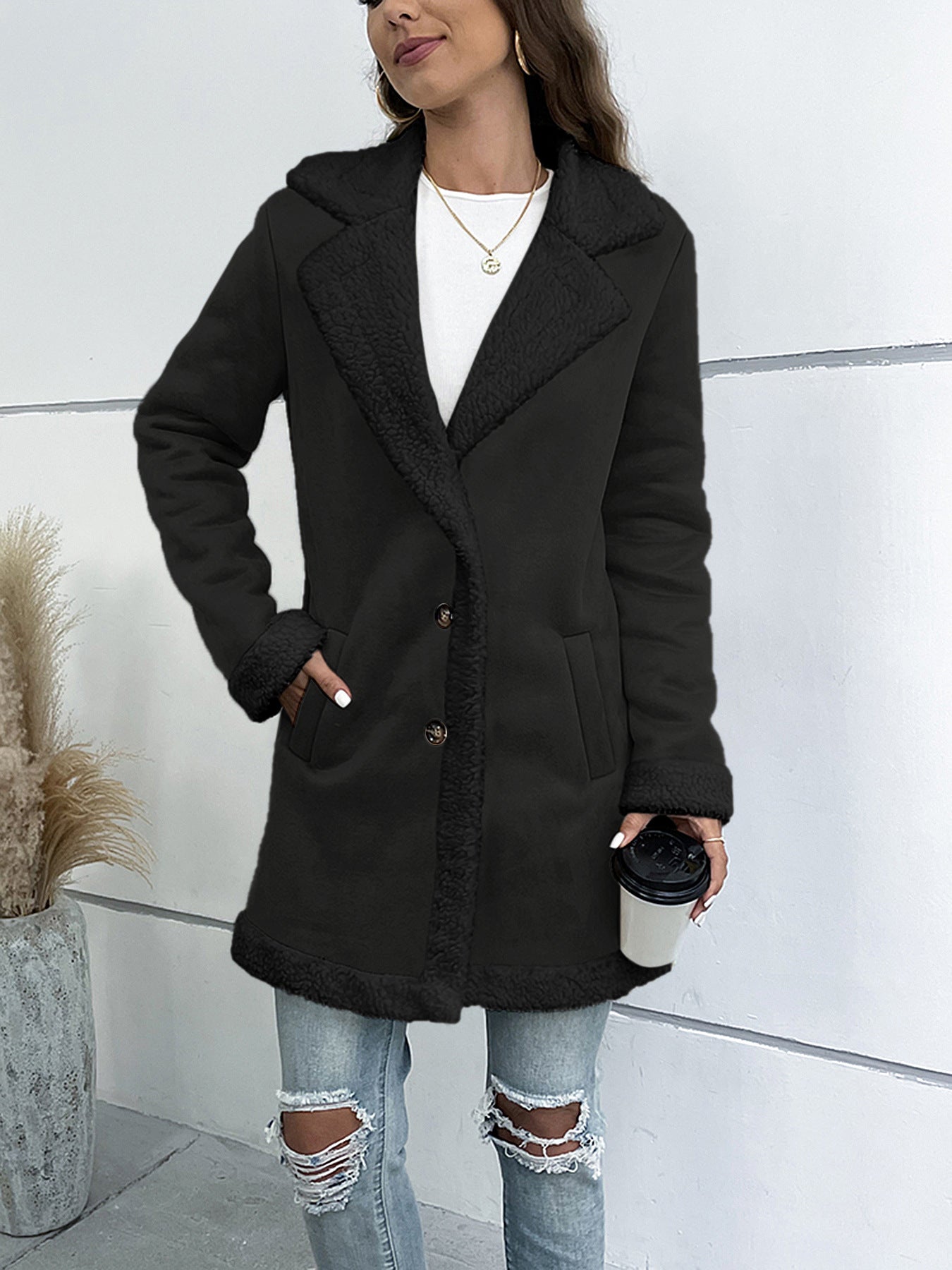 Long Sleeve Lapel Suede Elegant Woolen Coat aclosy