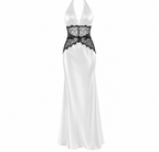 Aesha Backless Halter Dress with Deep V Neck, Satin Patchwork