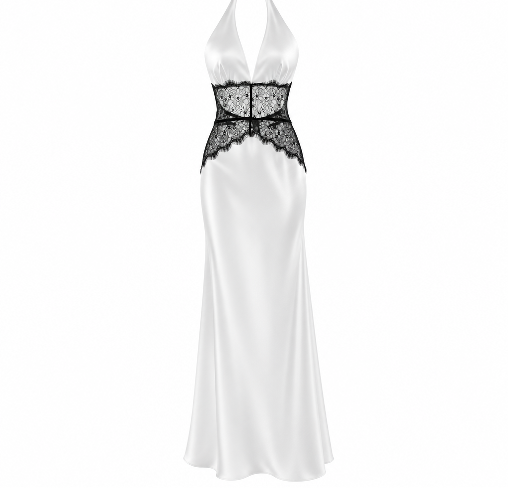 Aesha Backless Halter Dress with Deep V Neck, Satin Patchwork