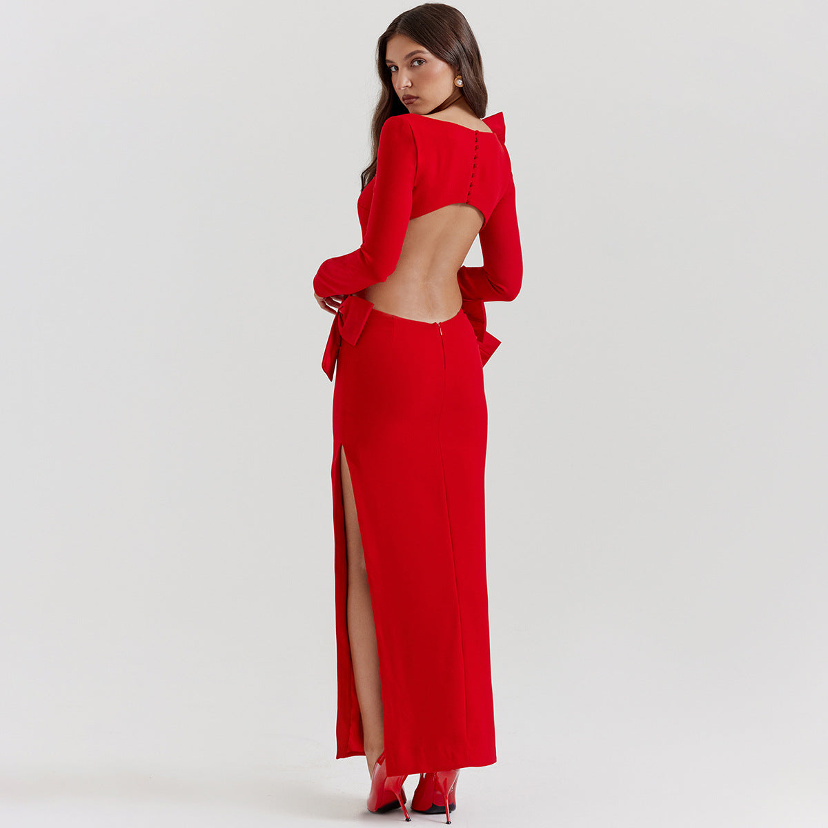 Long Sleeve Backless Bow Split Dress Red Dress Aclosy