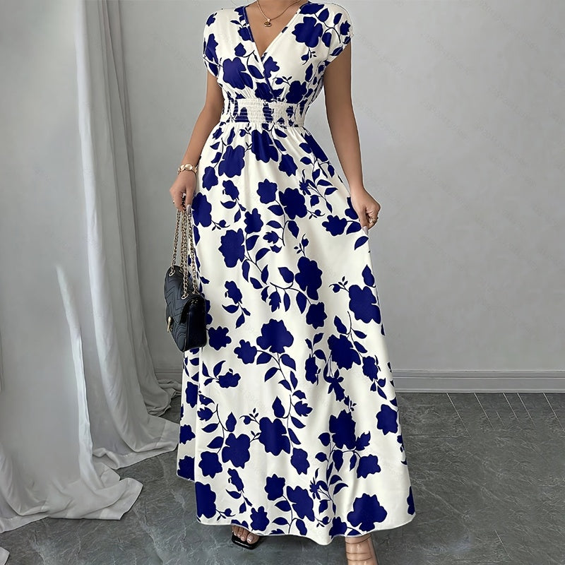 Women's Wrap V Neck Short Sleeve Empire Elastic Waist Summer Casual Elegant Maxi Long Dresses Aclosy