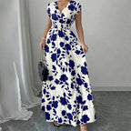 Women's Wrap V Neck Short Sleeve Empire Elastic Waist Summer Casual Elegant Maxi Long Dresses Aclosy