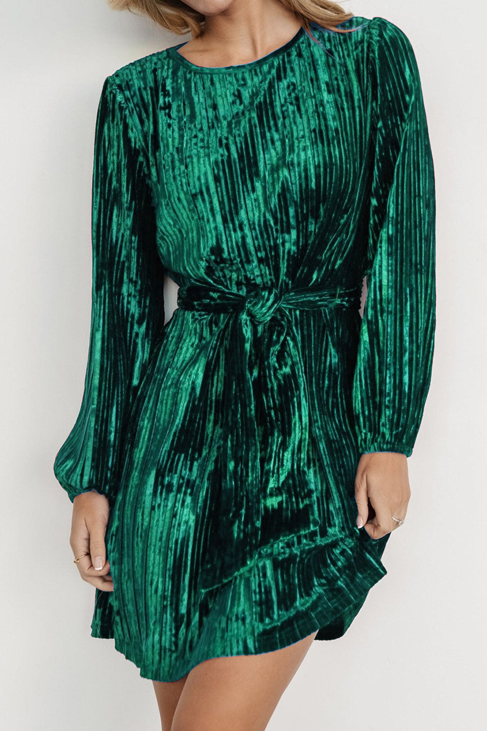 Velvet Round Neck Tie Waist Long Sleeve Mini Dress Trendsi