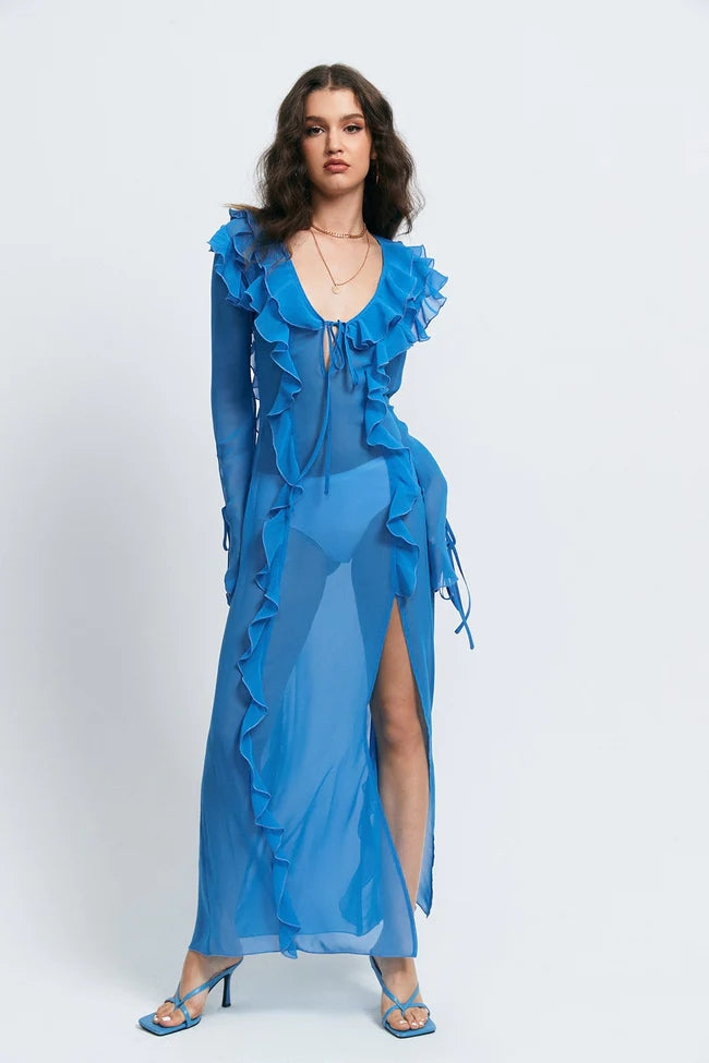 The New Women's Sexy Perspective Anti -car Edge -based Rope V -neck Open Fork Dress aclosy