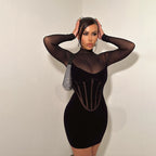 Sexy Turtleneck Flocking Mesh High Waist Tight-fitting Solid Color Sheath Dress aclosy