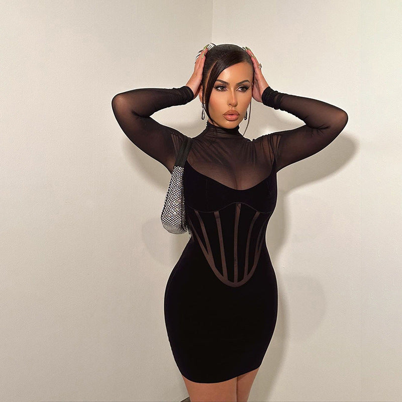 Sexy Turtleneck Flocking Mesh High Waist Tight-fitting Solid Color Sheath Dress aclosy