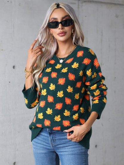 Angel Wings Maple Leaf Round Neck Long Sleeve Sweater Trendsi