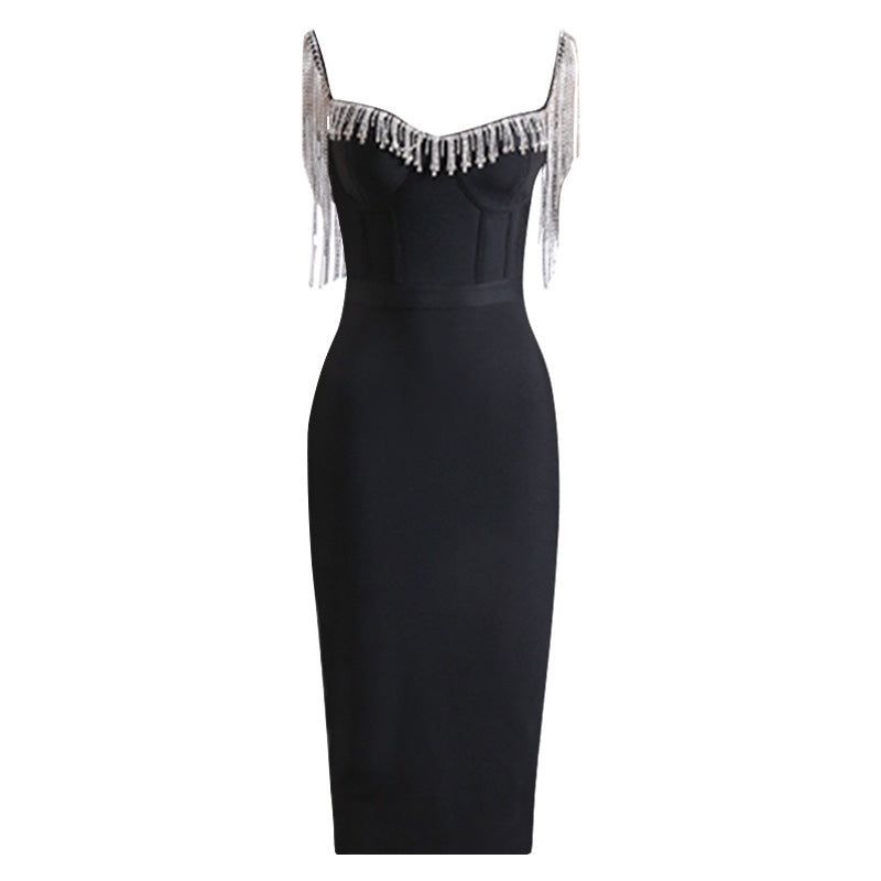 High-grade Diamond Tassel Tight Bandage Banquet Evening Dress aclosy