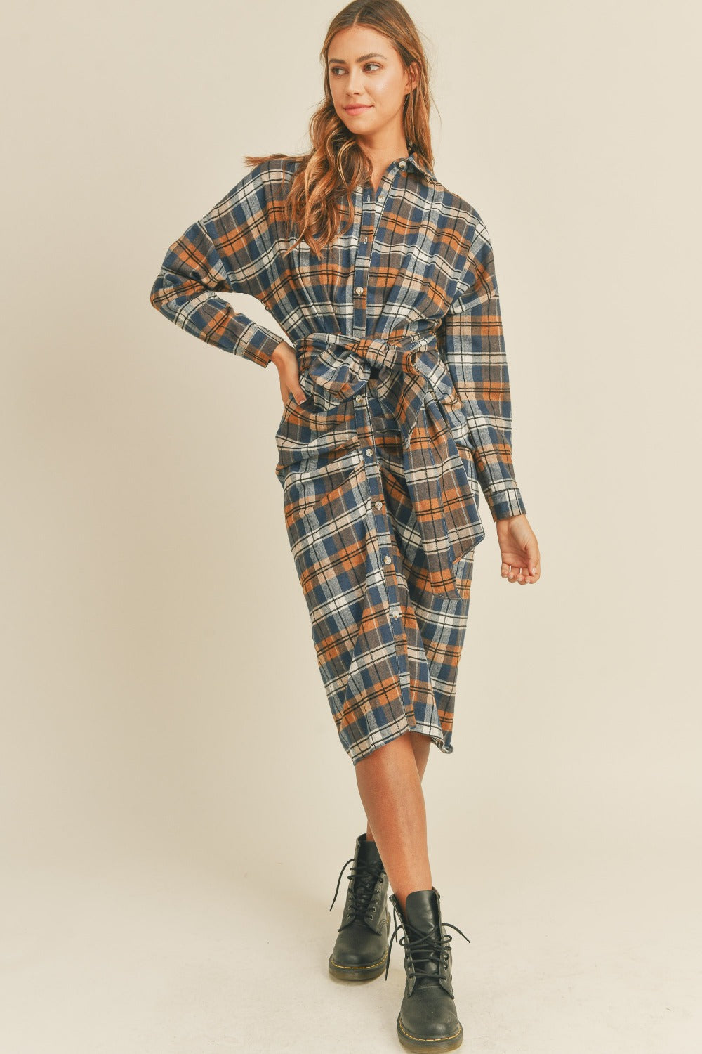 Mable Plaid Flannel Front Tie Button Down Shirt Dress Trendsi